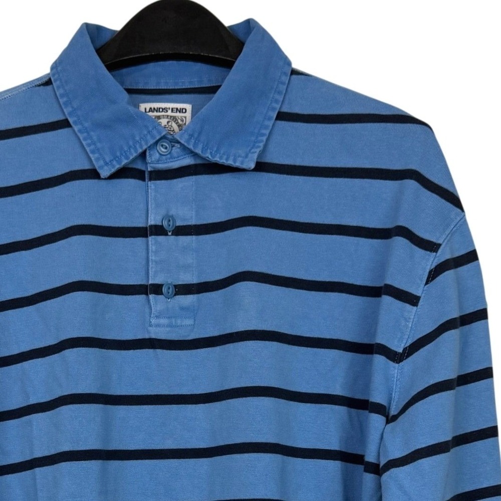 Lands' End RUGBY Shirt Mens L 100% Cotton Elbow Patches Boxy Blue Striped Polo